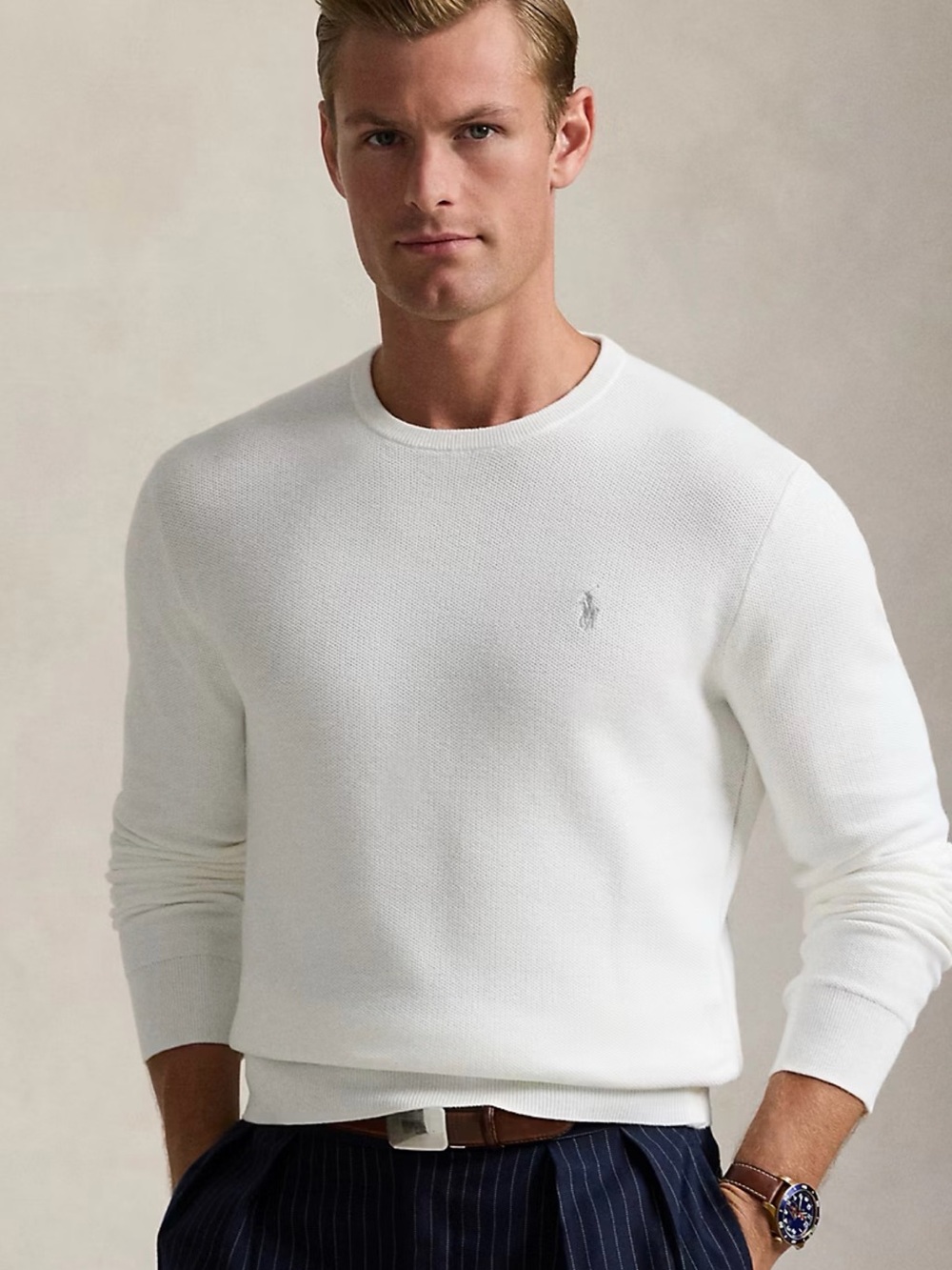 Polo by Ralph Lauren White Mesh-Knit Cotton Crewneck Sweater